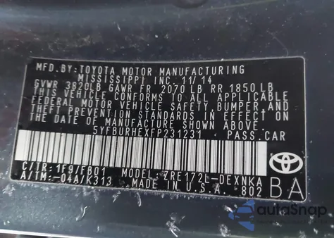 2015 Toyota Corolla Le z USA, uszkodzony, nr VIN 5YFBURHEXFP231231